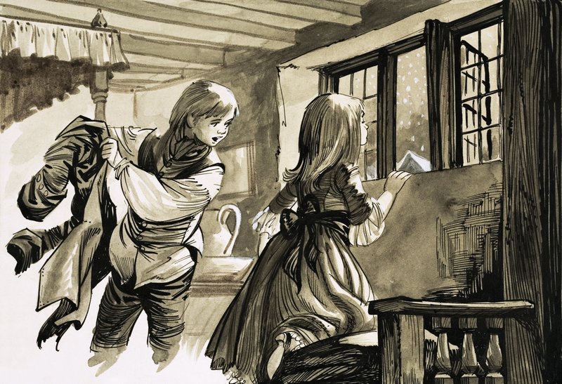 Mädchen und Junge schauen in den Schnee von English School