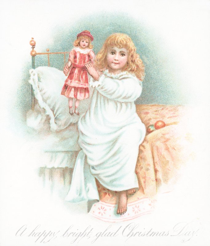 Mädchen steht am Weihnachtsmorgen mit Geschenk auf, Weihnachtskarte von English School
