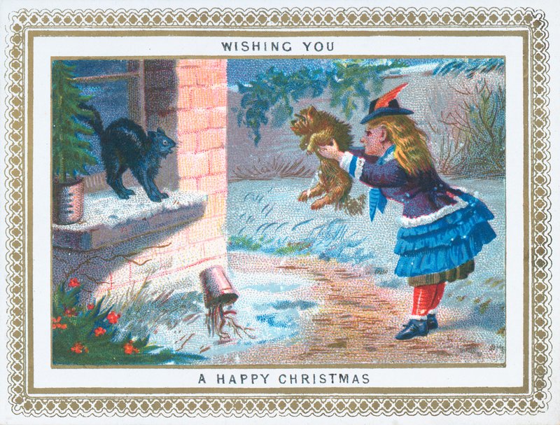 Mädchen ärgert Katze mit Hund, Weihnachtskarte von English School