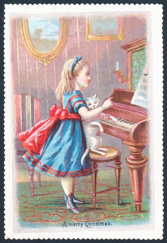 Mädchen mit Katze steht am Klavier, Weihnachtskarte von English School