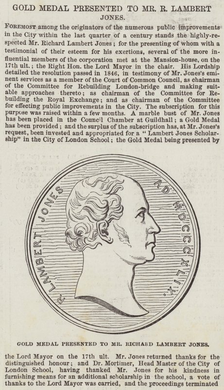 Goldmedaille überreicht an Mr. Richard Lambert Jones (Gravur) von English School