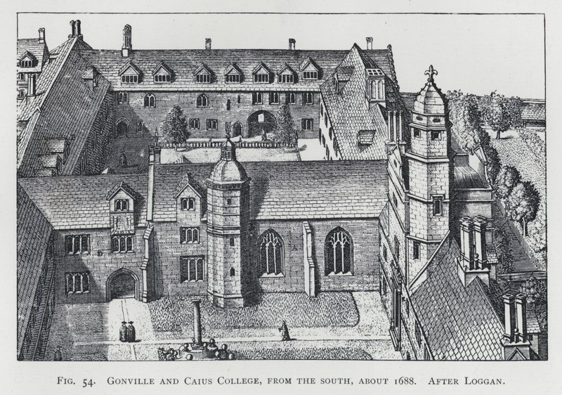Gonville und Caius College, von Süden, um 1688, nach Loggan (Gravur) von English School