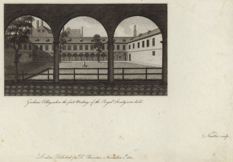 Gresham College, wo die ersten Treffen der Royal Society stattfanden von English School