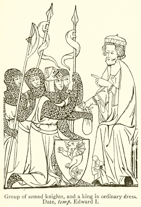 Gruppe bewaffneter Ritter und ein König in gewöhnlicher Kleidung. Datum, Temp Edward I. von English School
