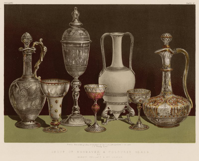 Gruppe von graviertem und farbigem Glas von English School