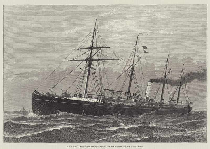 HMS Hecla, Handelsschiff für die Royal Navy gekauft und ausgerüstet (Gravur) von English School