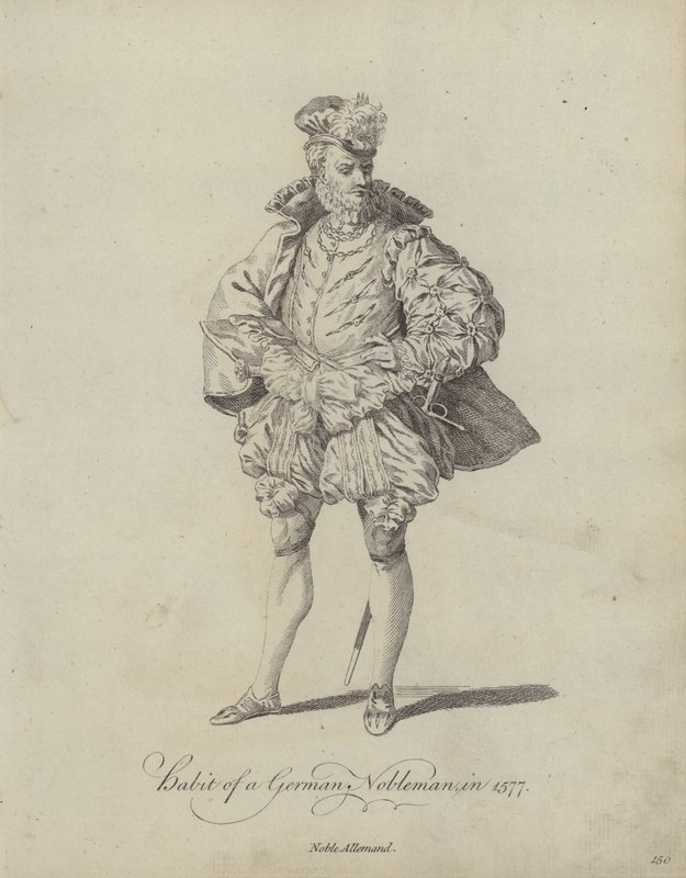 Kostüm eines deutschen Edelmanns im Jahr 1577 (Stich) von English School