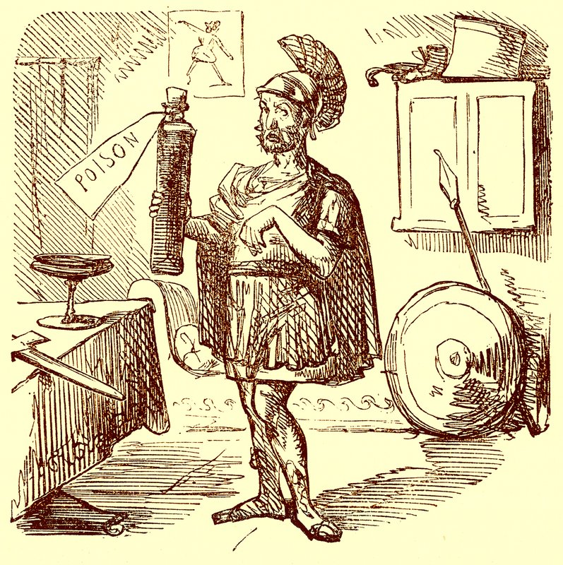 Hannibal hält die übliche Rede vor seinem Selbstmord, Illustration aus Die komische Geschichte Roms von Gilbert Abbott a Beckett, veröffentlicht um 1850 von English School