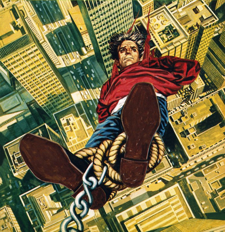 Harry Houdini, aufgehängt von der Spitze eines New Yorker Wolkenkratzers von English School