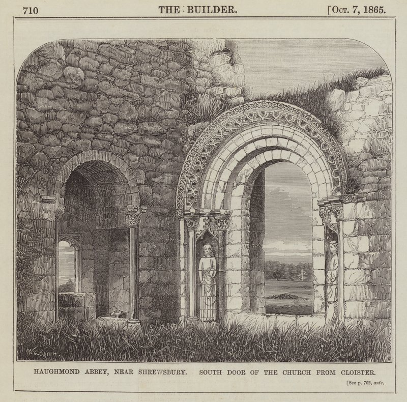 Haughmond Abbey, nahe Shrewsbury, Südportal der Kirche vom Kreuzgang (Gravur) von English School
