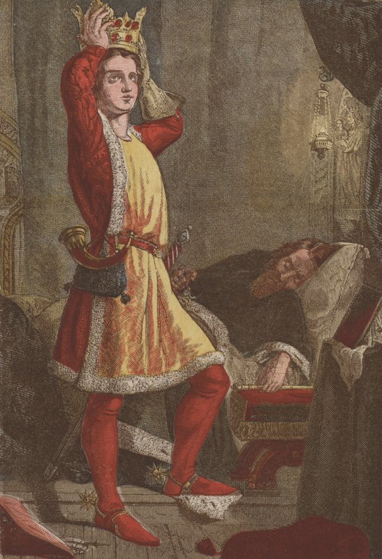 Heinrich, Prinz von Wales, der zukünftige König Heinrich V., probiert die Krone seines Vaters an von English School
