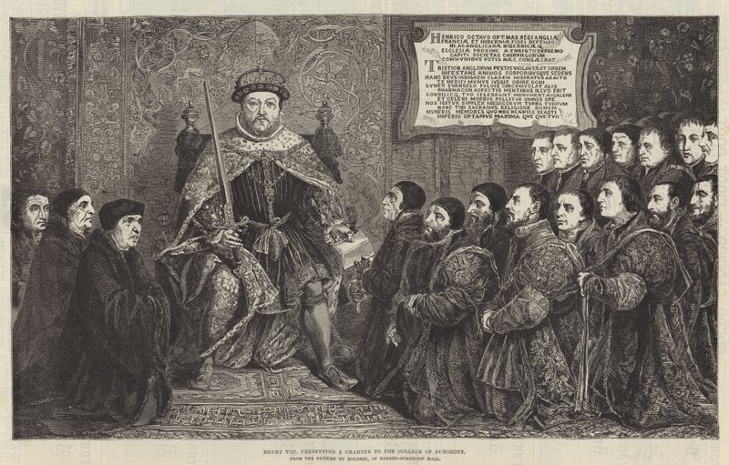 Heinrich VIII. überreicht eine Charta an das College of Surgeons (Stich) von English School