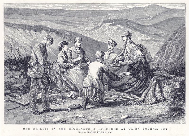 Ihre Majestät in den Highlands - Ein Mittagessen in Cairn Lochan, 1861 von English School