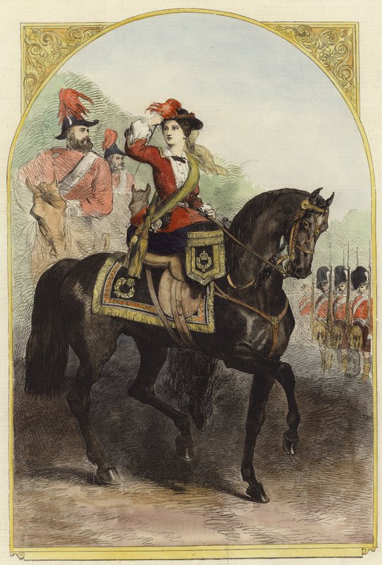 Ihre Majestät in ihrem neuen Militärkostüm im Lager von English School