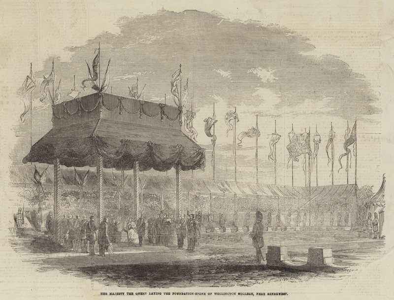Ihre Majestät die Königin legt den Grundstein des Wellington College, nahe Sandhurst (Stich) von English School