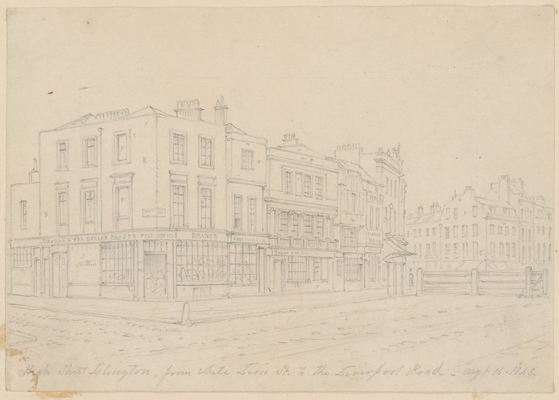 High Street Islington, von der White Lion Street bis zur Liverpool Road, 16. August 1843 von English School