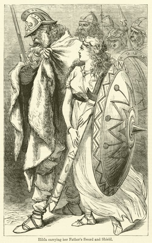 Hilda trägt das Schwert und den Schild ihres Vaters von English School