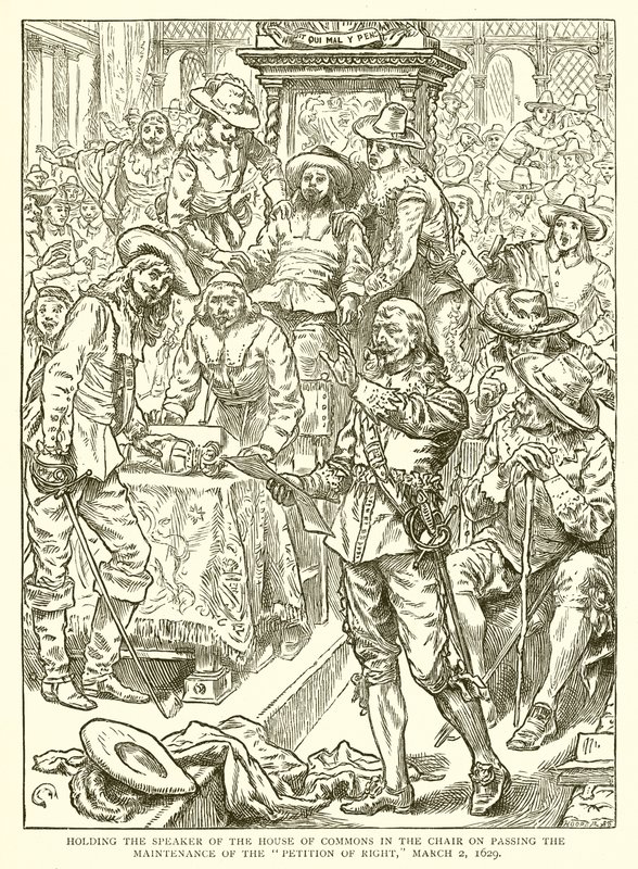 Den Sprecher des Unterhauses im Stuhl festhaltend bei der Verabschiedung der Petition of Right, 2. März 1629 von English School