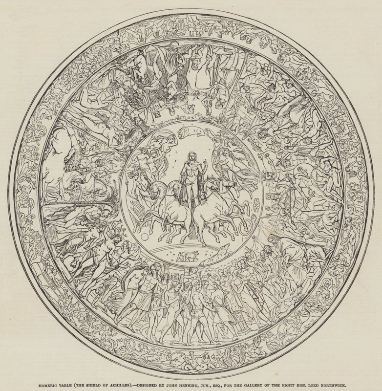 Homerischer Tisch, der Schild des Achilles, entworfen von John Henning, Junior, Esquire (Gravur) von English School