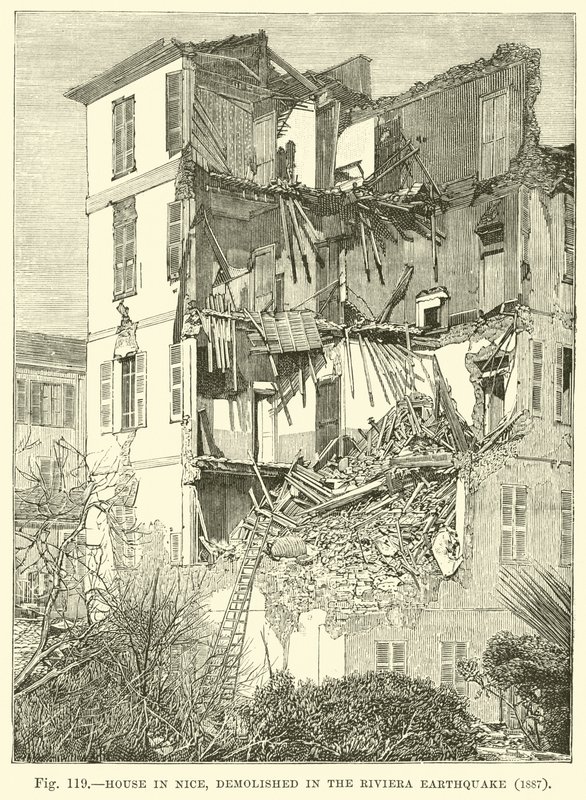 Haus in Nizza, zerstört durch das Riviera-Erdbeben 1887 von English School