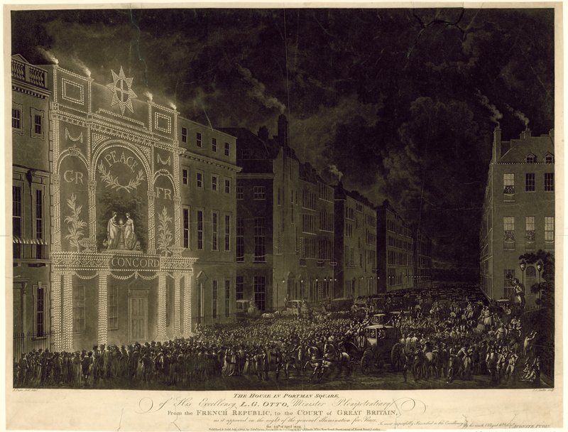 Haus am Portman Square des französischen Botschafters, beleuchtet zur Feier des Friedens, 29. April 1802 von English School