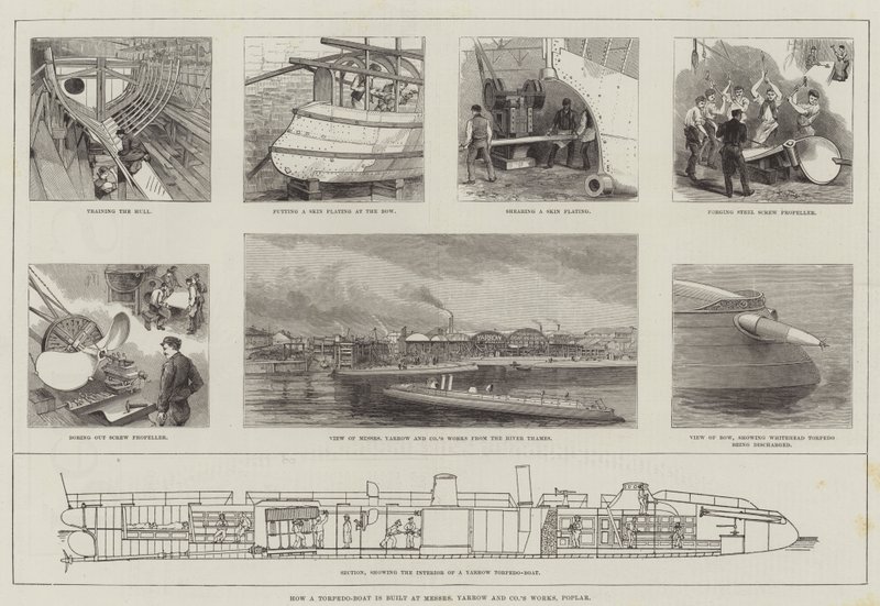 Wie ein Torpedoboot bei Messers Yarrow and Company in Poplar gebaut wird (Stich) von English School
