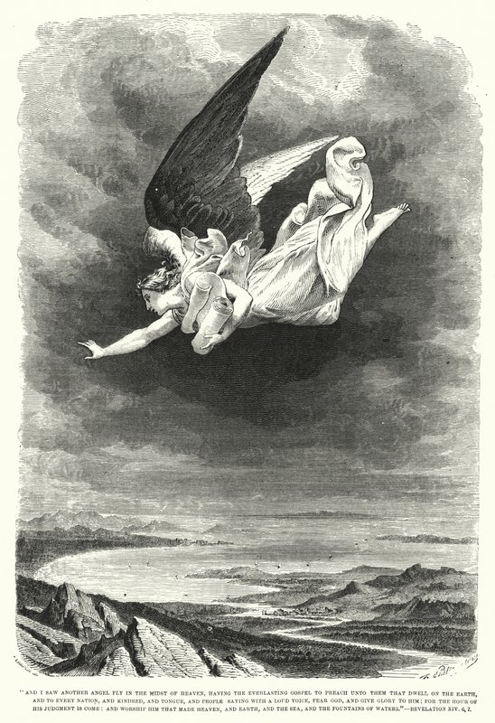 Ich sah einen anderen Engel fliegen mitten durch den Himmel, Offenbarung XIV, 6, 7 (Gravur) von English School