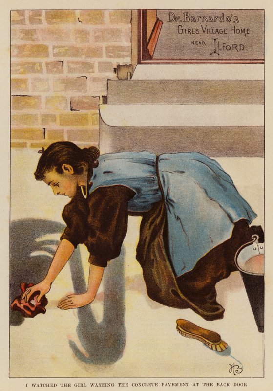 Ich beobachtete das Mädchen, wie es den Betonboden an der Hintertür wusch von English School