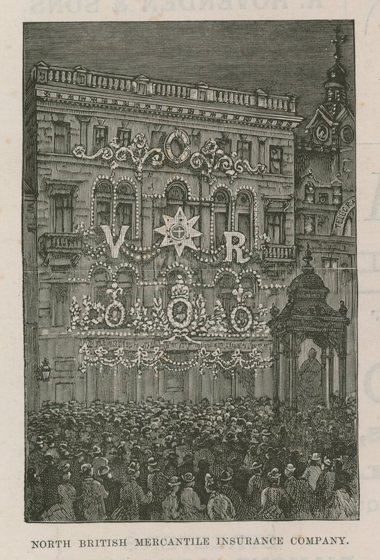 Illuminationen schmücken die Büros der North British Mercantile Insurance Company von English School