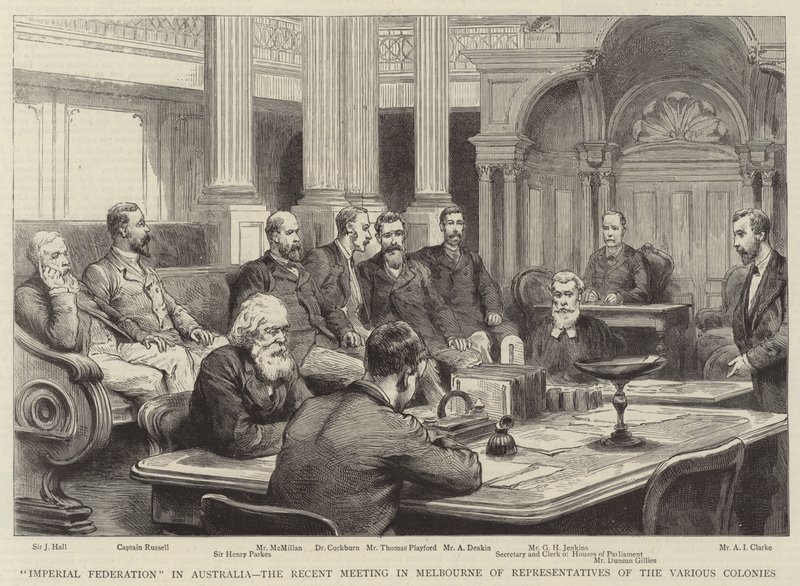"Imperial Federation" in Australien, das kürzliche Treffen in Melbourne von Vertretern der verschiedenen Kolonien (Gravur) von English School
