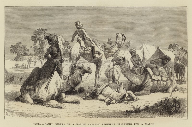 Indien, Kamelreiter eines einheimischen Kavallerieregiments bereiten sich auf einen Marsch vor von English School