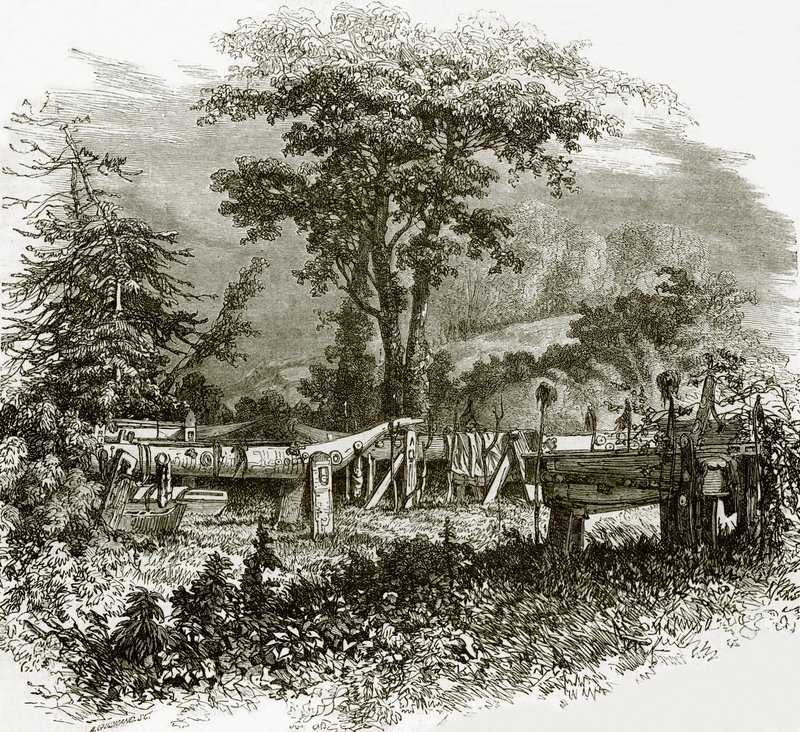 Indische Grabstätten am Ufer des Cowlitz-Flusses von English School