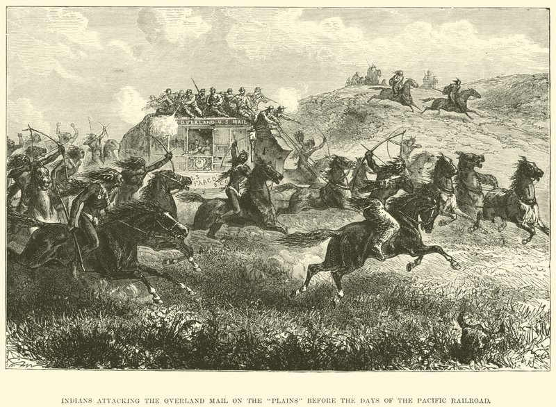 Indianer greifen die Overland Mail auf den Ebenen vor den Tagen der Pazifik-Eisenbahn an von English School