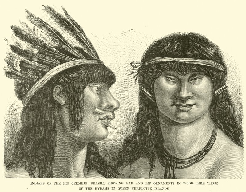 Indianer des Rio Oermejo (Brasilien), die Ohr- und Lippenornamente aus Holz zeigen, ähnlich denen der Hydahs auf den Queen Charlotte Islands von English School