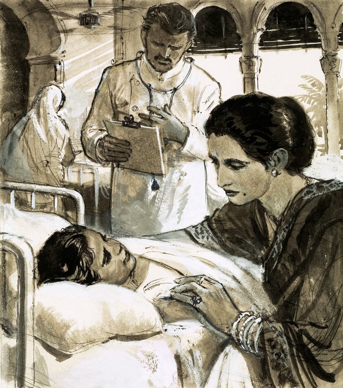 Indira Gandhi wacht über ein Kind im Krankenhaus von English School