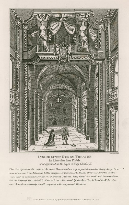 Innenansicht des Dukes Theatre in Lincolns Inn Fields, wie es in der Regierungszeit von König Charles II erschien von English School