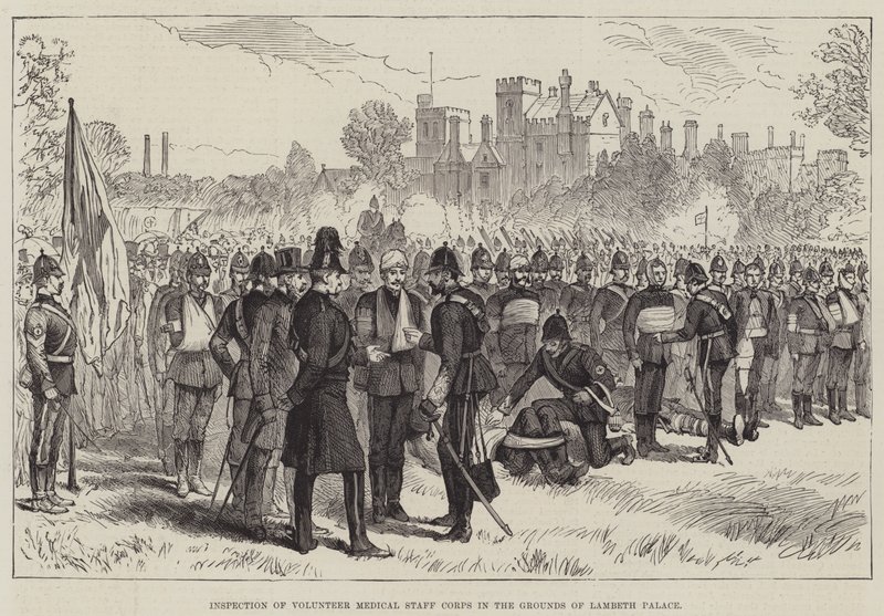 Inspektion des Freiwilligen Sanitätskorps im Garten des Lambeth Palace (Gravur) von English School