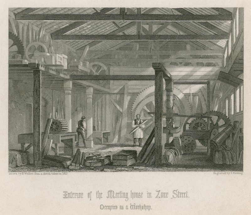 Innenansicht von John Bunyans Versammlungshaus in der Zoar Street, Gravel Lane, Southwark von English School