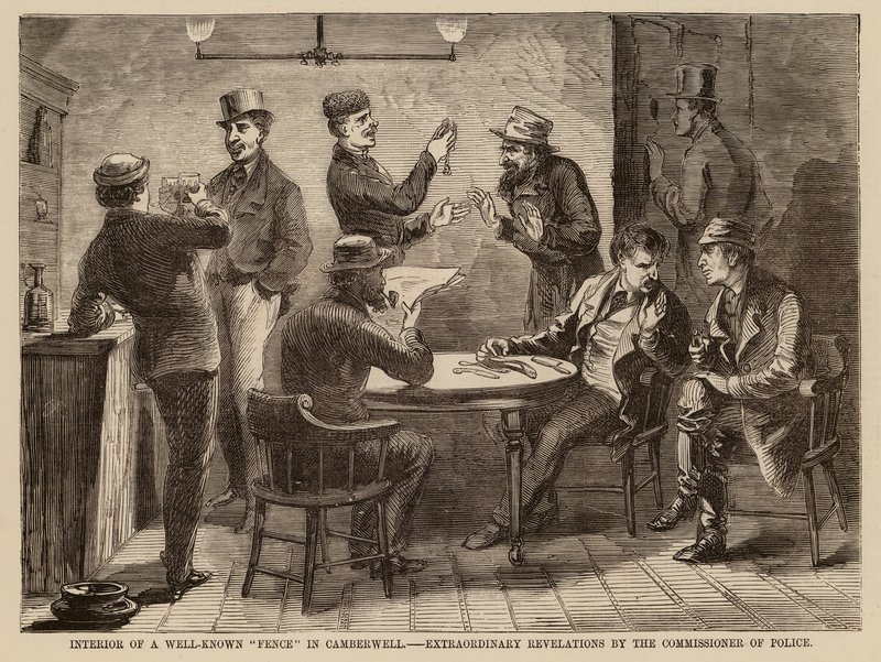 Innenansicht eines bekannten "Zauns" in Camberwell, außergewöhnliche Enthüllungen durch den Polizeikommissar (Gravur) von English School