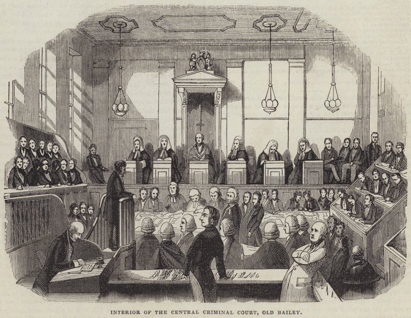 Innenansicht des Central Criminal Court, Old Bailey (Stich) von English School