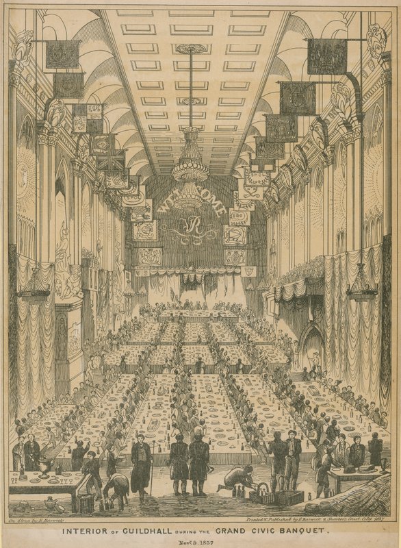 Innenraum der Guildhall während des großen städtischen Banketts, 9. November 1837 von English School