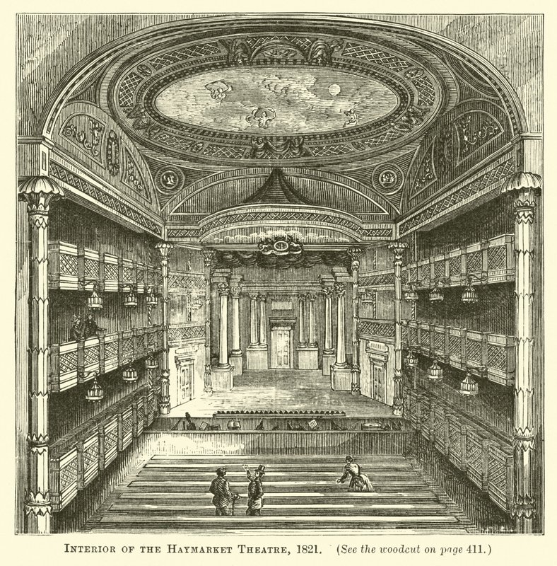 Innenansicht des Haymarket-Theaters, 1821 von English School