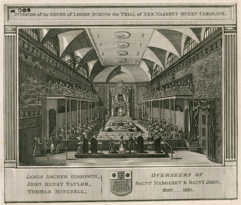 Innenansicht des House of Lords während des Prozesses von Königin Caroline von English School