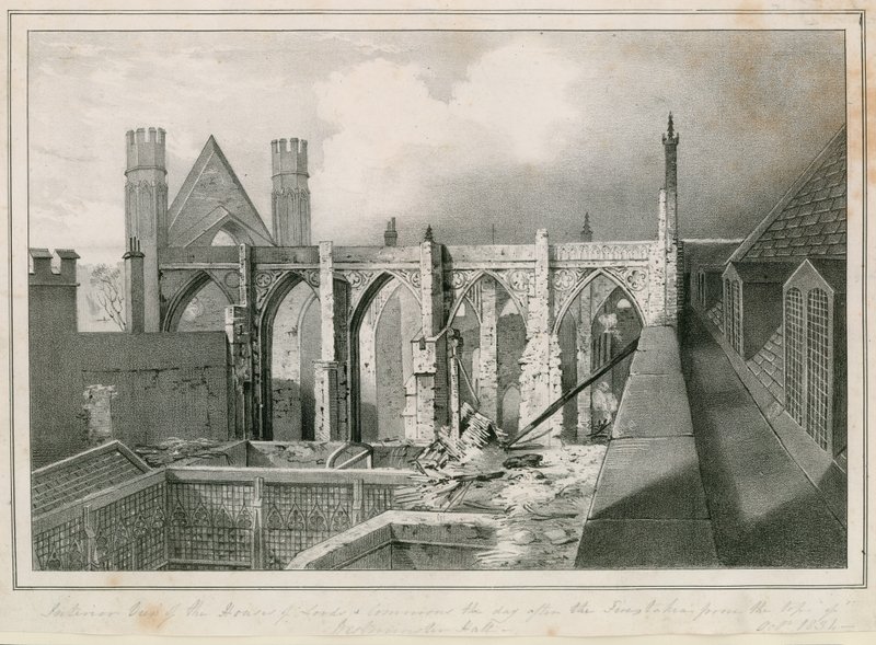 Innenansicht der Häuser von Lords und Commons am Tag nach den Bränden, aufgenommen vom Dach der Westminster Hall von English School