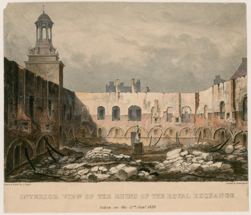 Innenansicht der Ruinen der Royal Exchange, London, aufgenommen am 11. Januar 1838 von English School