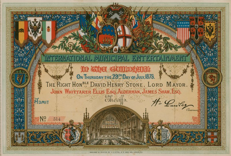 Einladung zur Internationalen Kommunalen Unterhaltung in der Guildhall, London, am 29. Juli 1875 von English School