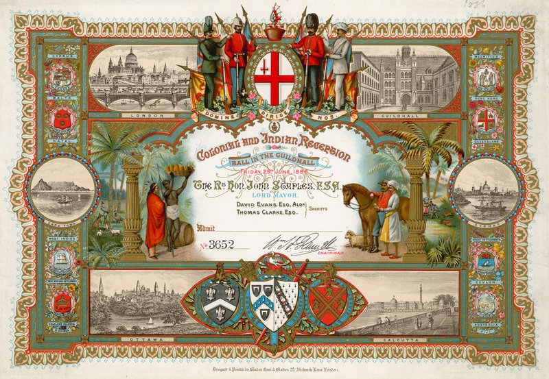 Einladung zu einem Kolonial- und Indischen Empfang in der Guildhall, London, am 25. Juni 1886 von English School