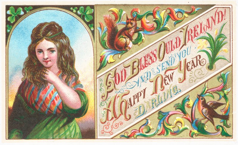 Lächelndes irisches Mädchen, Neujahrskarte von English School