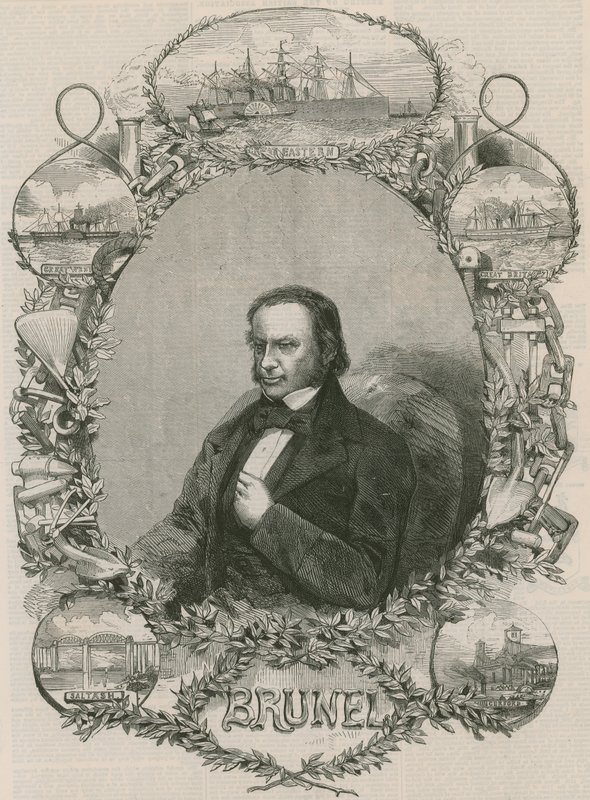 Isambard Kingdom Brunel umgeben von einigen seiner Errungenschaften von English School
