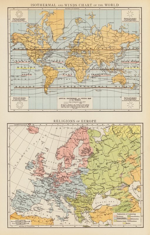 Isothermen- und Windkarte der Welt; Religionen Europas von English School
